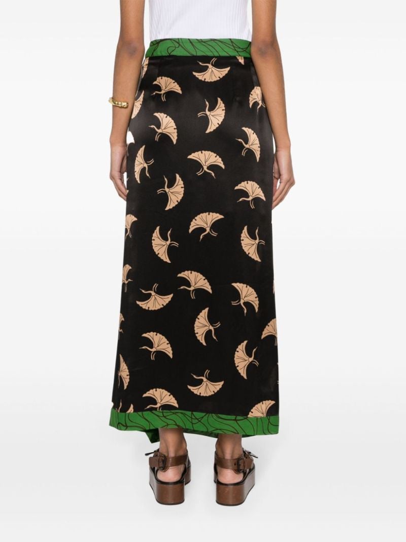 Black Bird-print Draped Satin Skirt