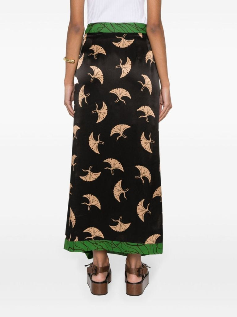Black Bird-print Draped Satin Skirt