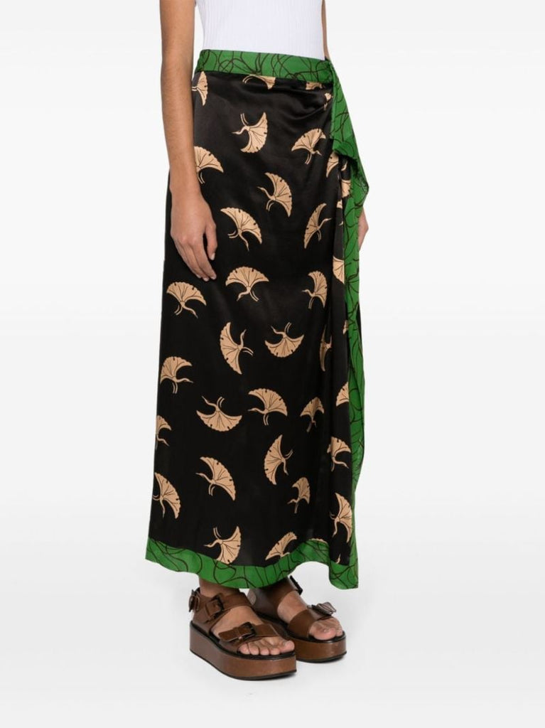 Black Bird-print Draped Satin Skirt