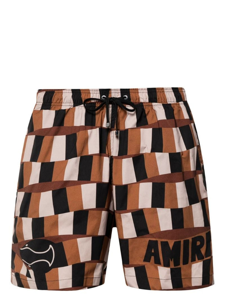 Brown Checkered Snake Swim Shorts