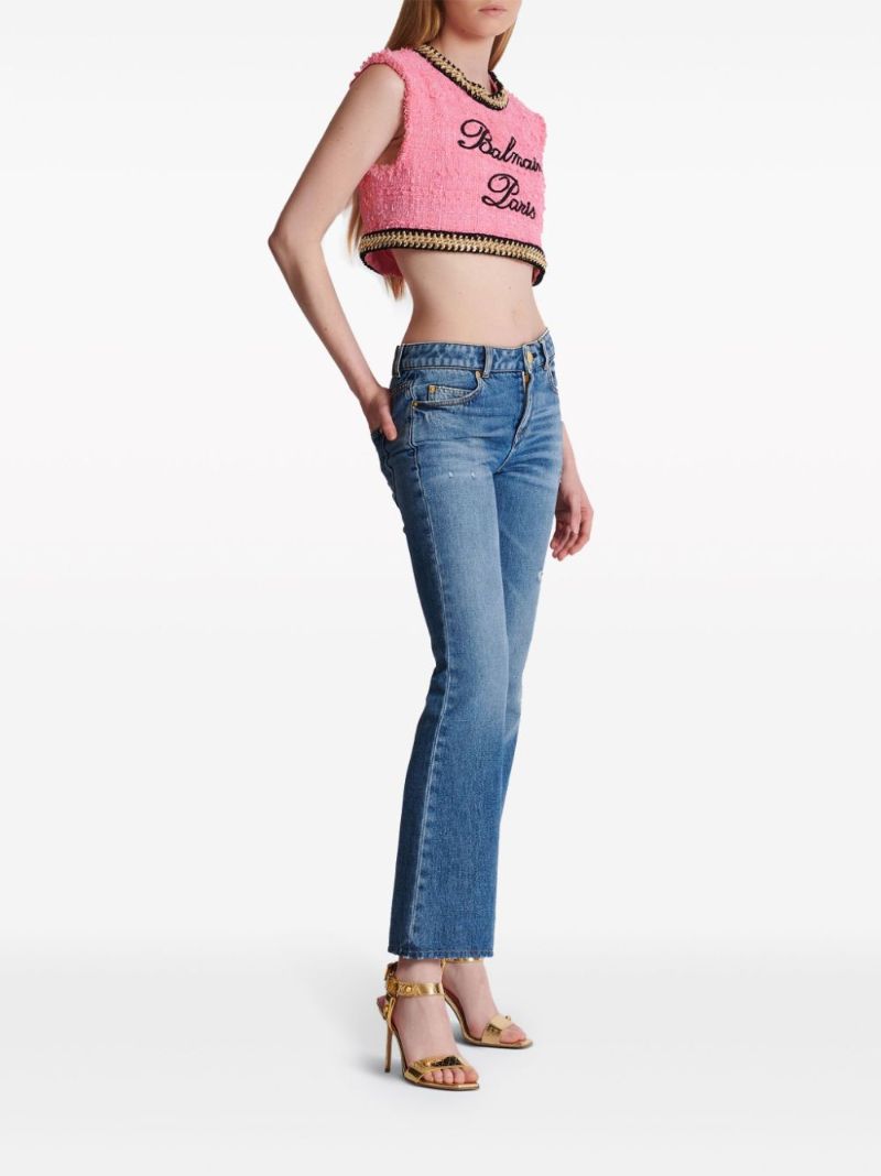 Pink Logo-embroidered Tweed Crop Top