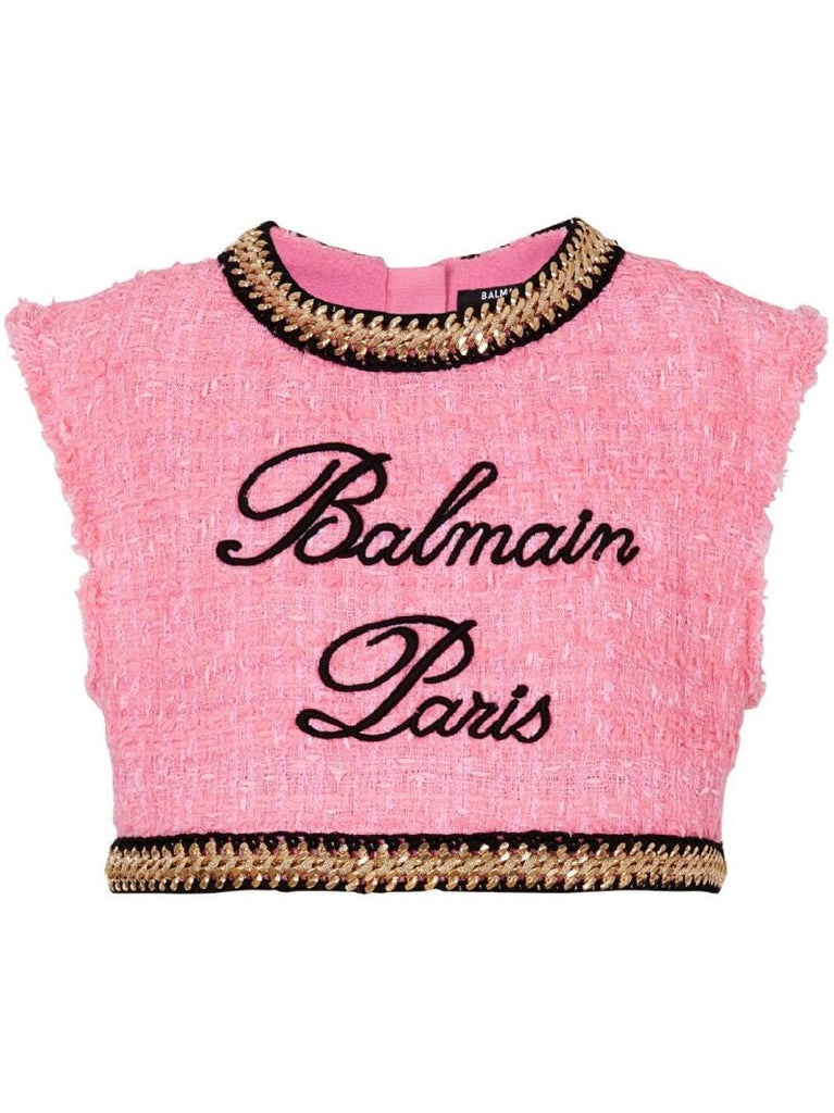 Pink Logo-embroidered Tweed Crop Top