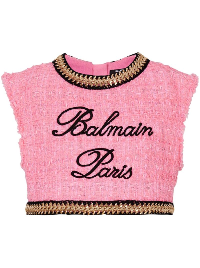 Pink Logo-embroidered Tweed Crop Top