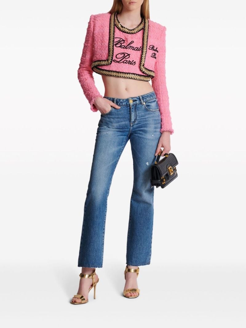 Pink Logo-embroidered Tweed Crop Top