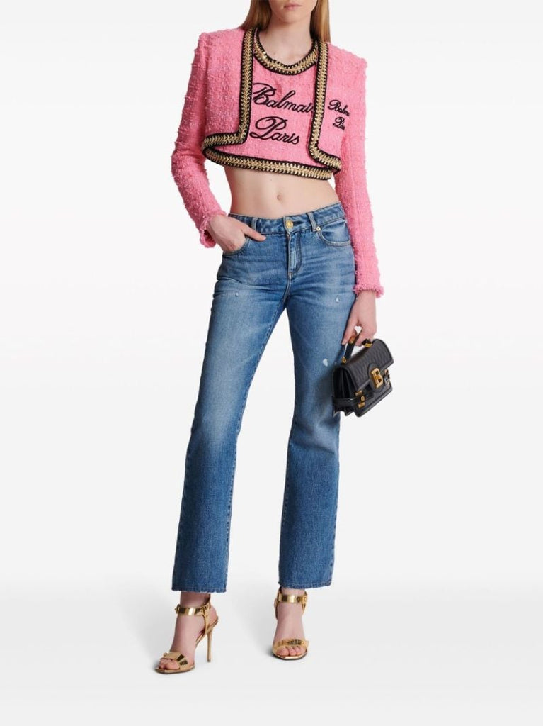 Pink Logo-embroidered Tweed Crop Top