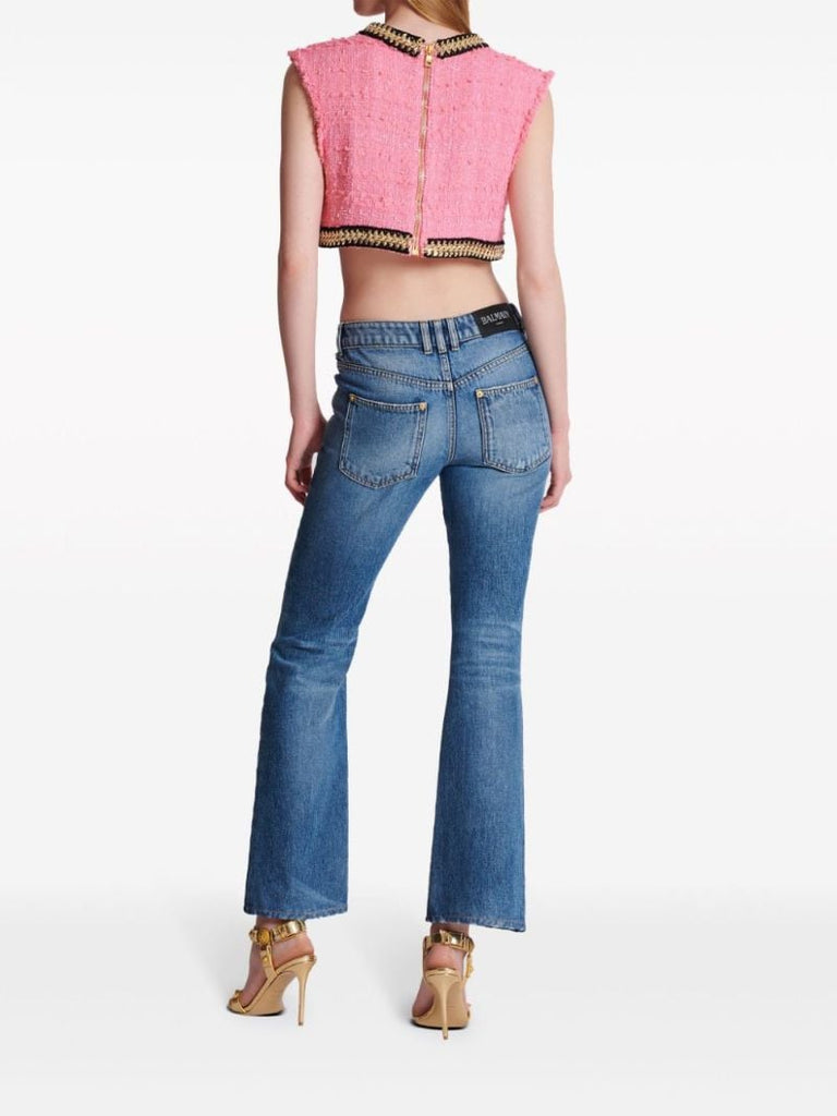 Pink Logo-embroidered Tweed Crop Top