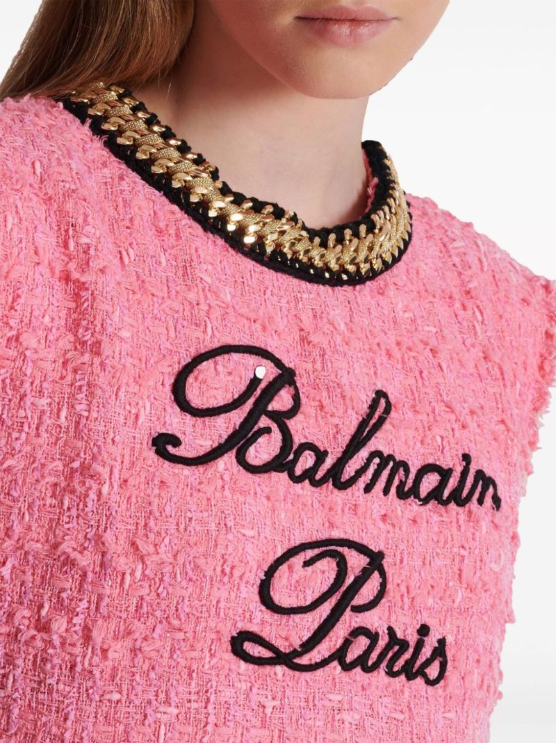 Pink Logo-embroidered Tweed Crop Top