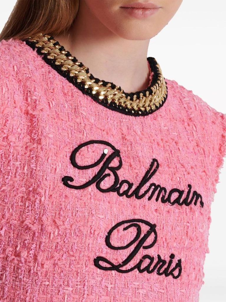 Pink Logo-embroidered Tweed Crop Top