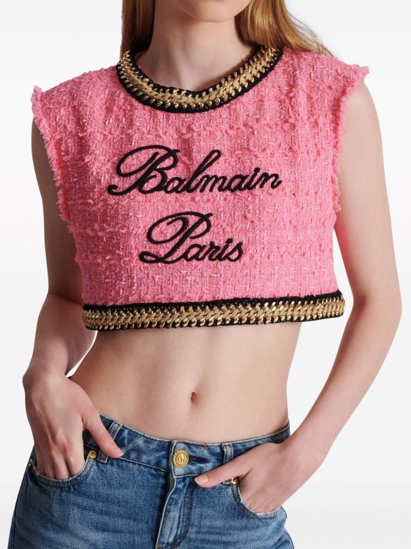 Pink Logo-embroidered Tweed Crop Top