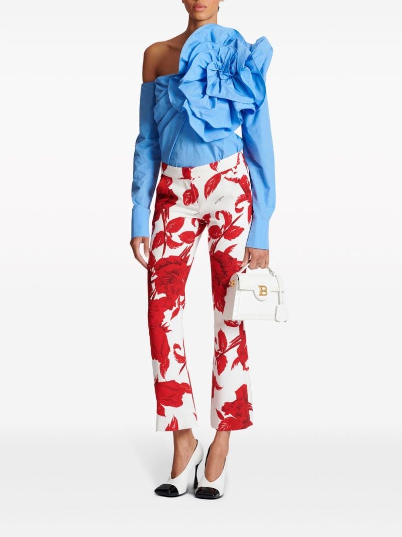 Red Floral-print Flared Trousers
