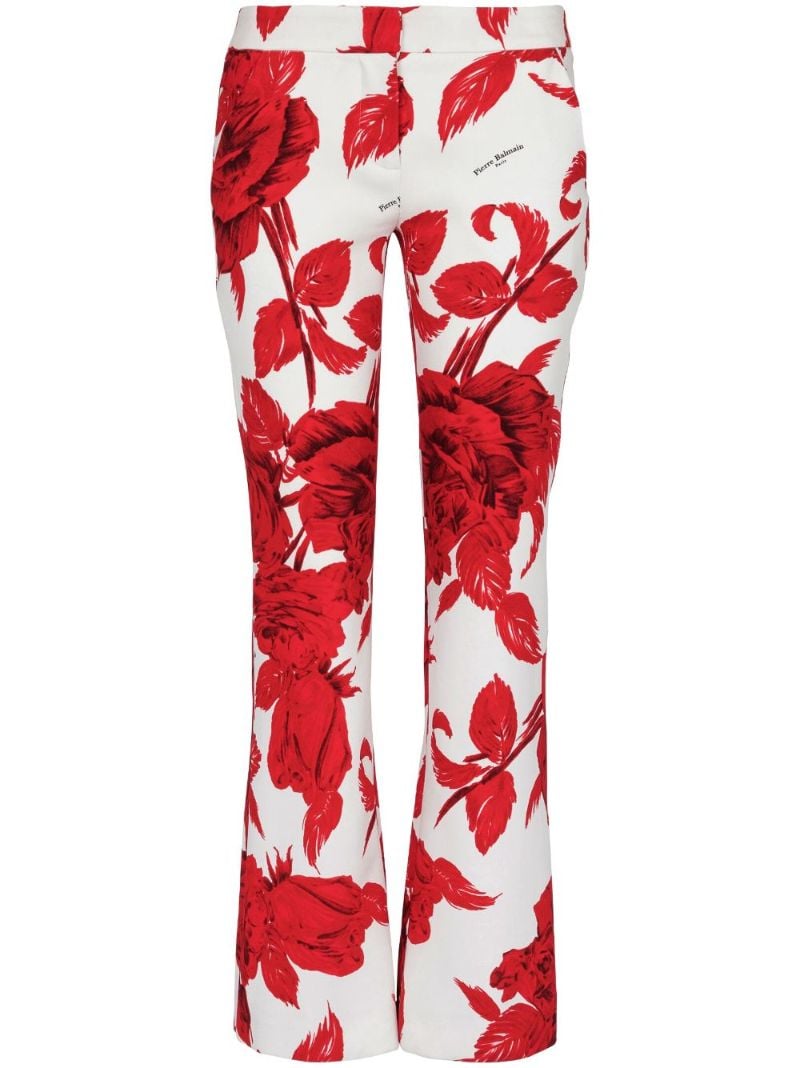 Red Floral-print Flared Trousers
