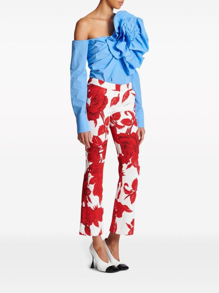 Red Floral-print Flared Trousers