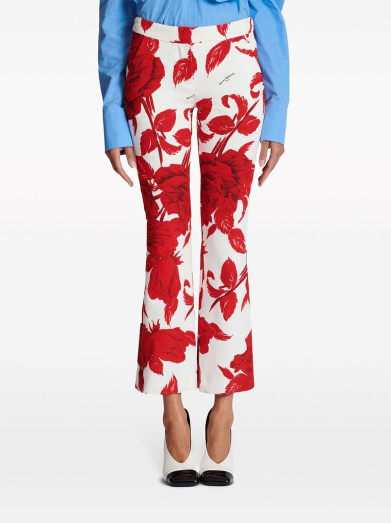 Red Floral-print Flared Trousers