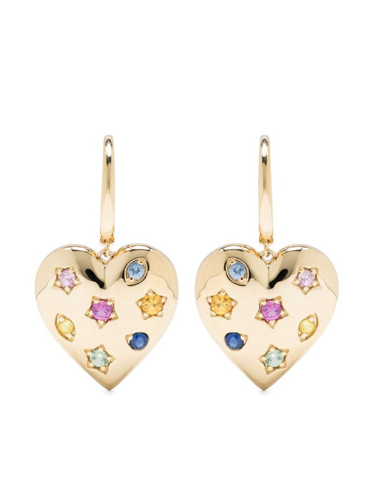 14k Yellow Gold Kaleidoscope Heart Sapphire Hoop Earrings