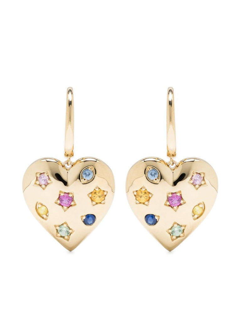 14k Yellow Gold Kaleidoscope Heart Sapphire Hoop Earrings