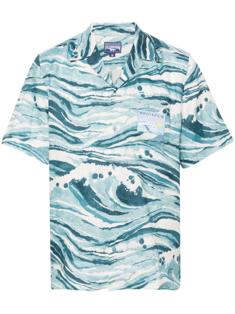 Blue Wave Print Linen Shirt