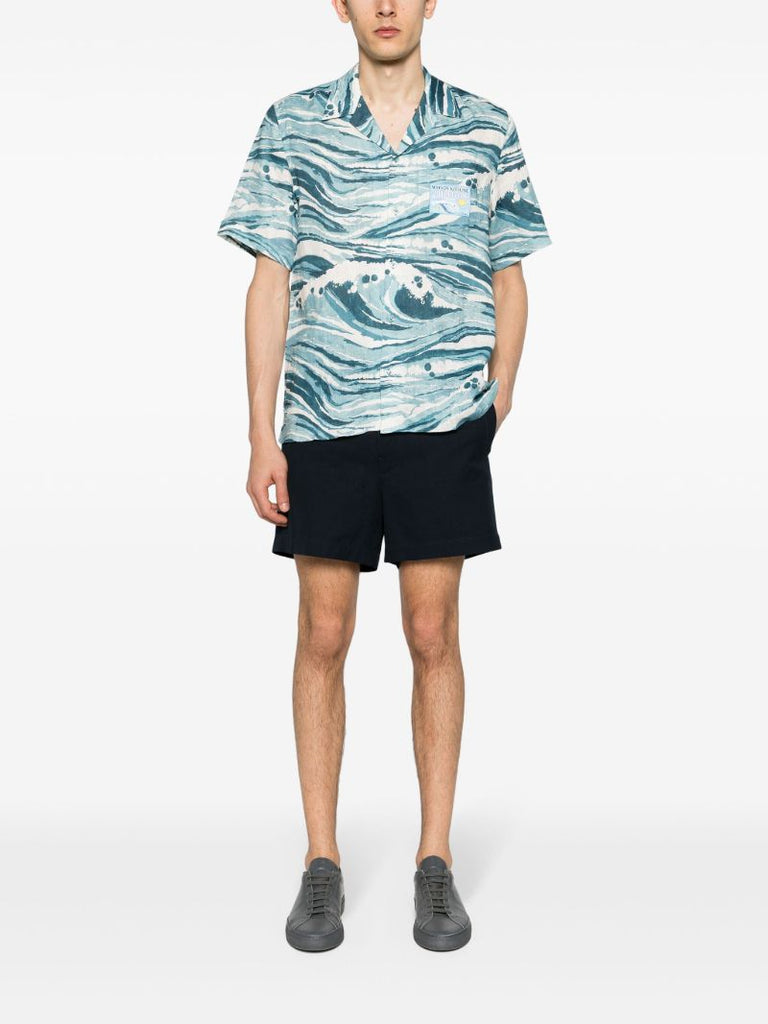 Blue Wave Print Linen Shirt