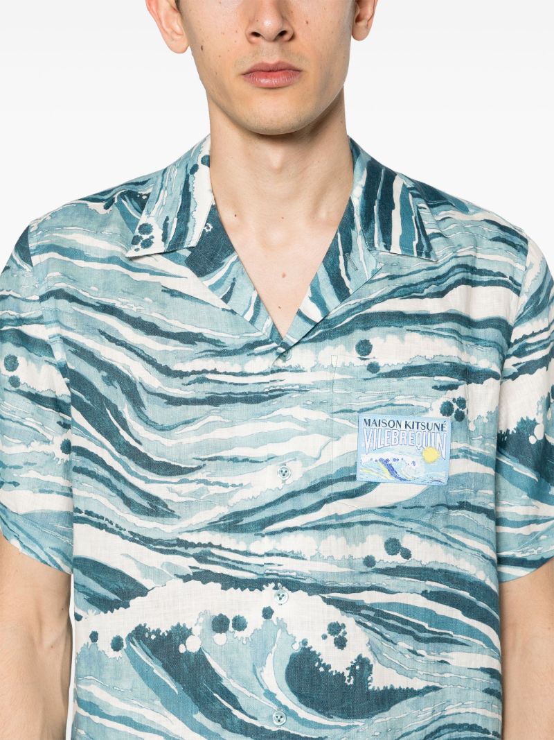 Blue Wave Print Linen Shirt