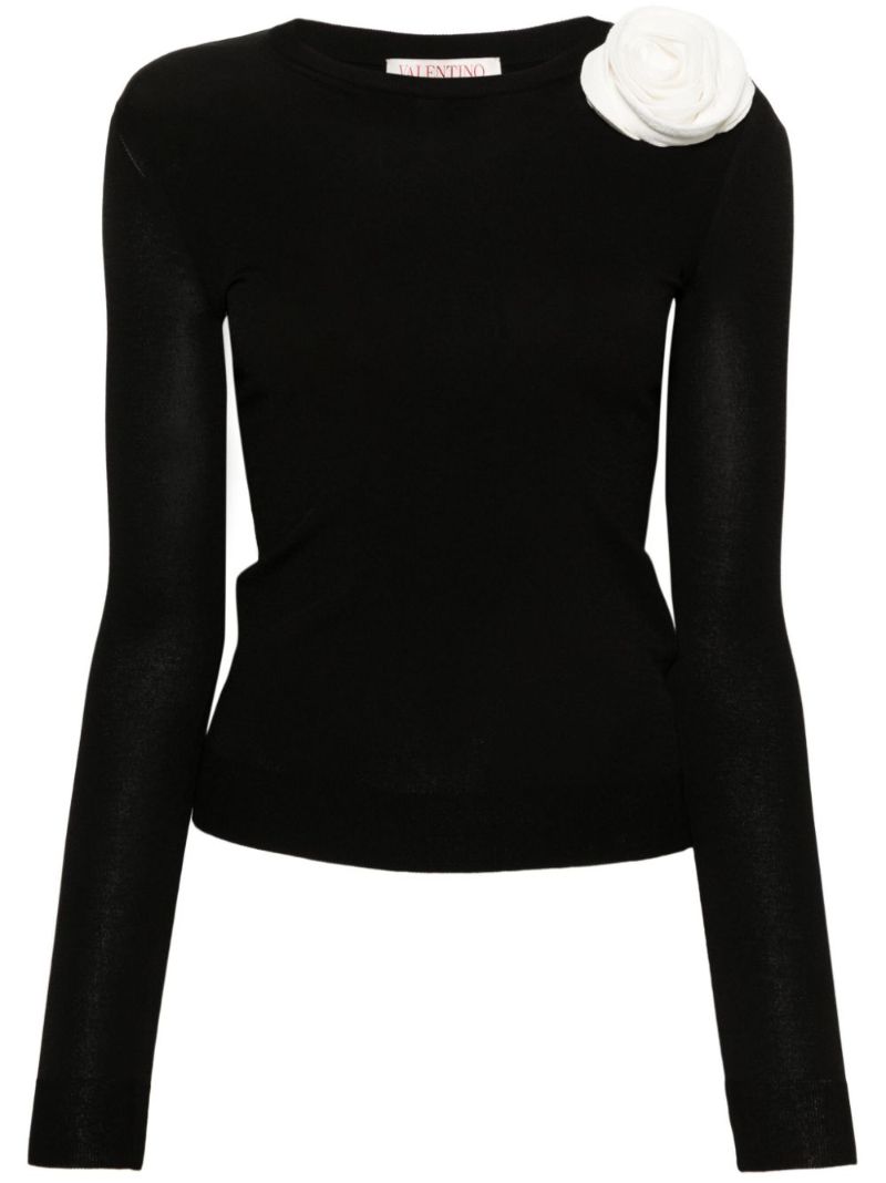 Black Floral-appliquÃ_x0083_Â© Knitted Sweater
