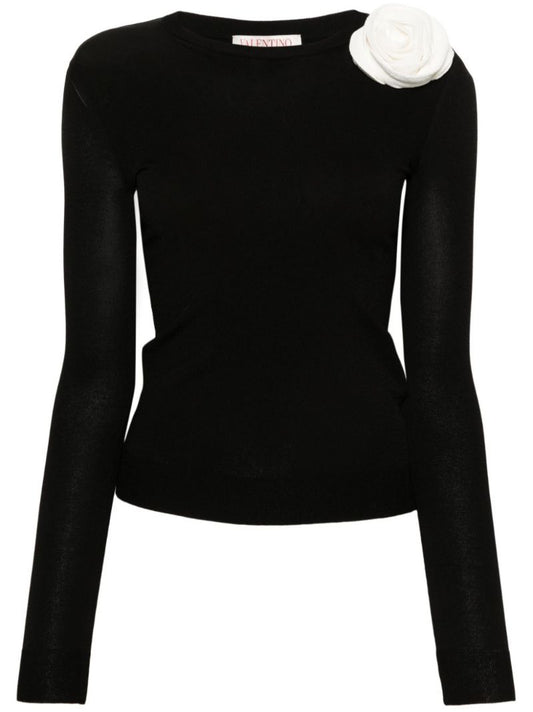 Black Floral-appliquÃ_x0083_Â© Knitted Sweater