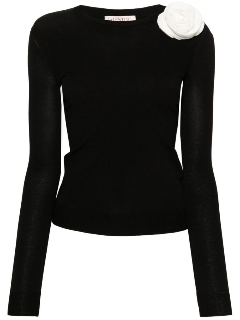Black Floral-appliquÃ_x0083_Â© Knitted Sweater