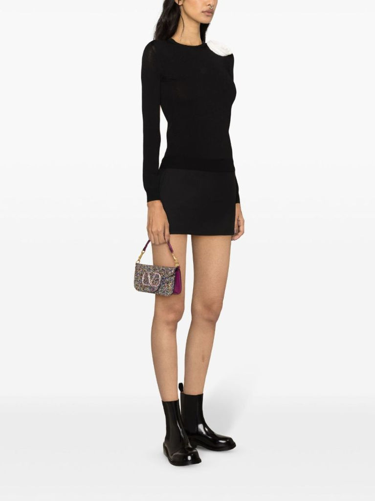 Black Floral-appliquÃ_x0083_Â© Knitted Sweater