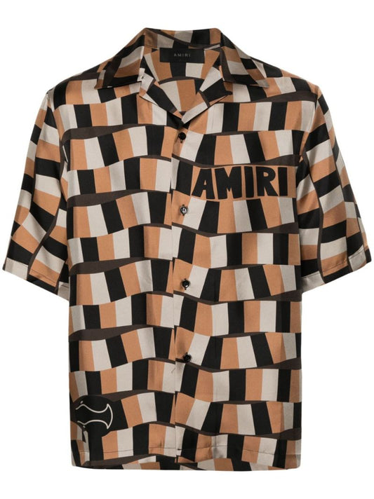 Brown Snake Checker Silk Shirt