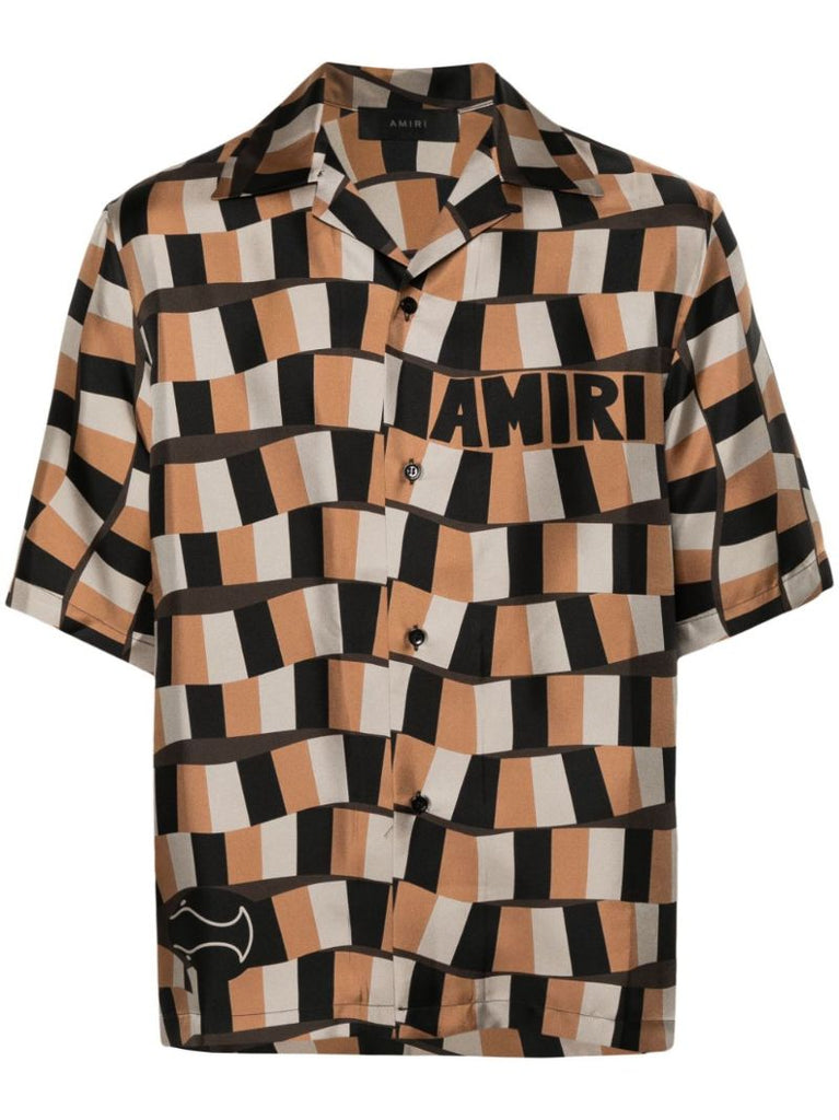 Brown Snake Checker Silk Shirt