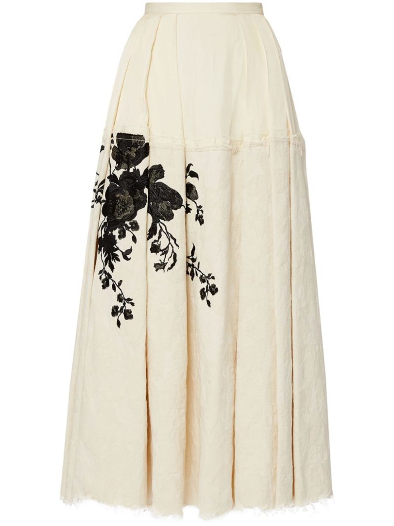 Neutral Floral-embroidered Pleated Skirt