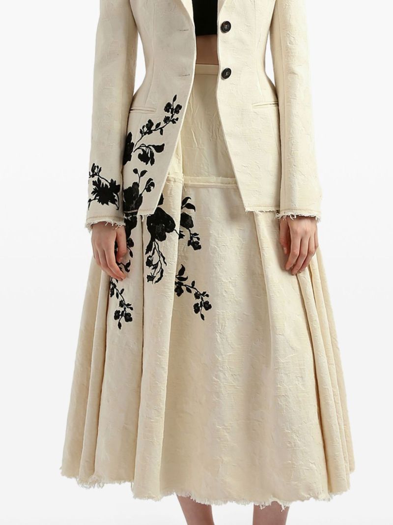 Neutral Floral-embroidered Pleated Skirt