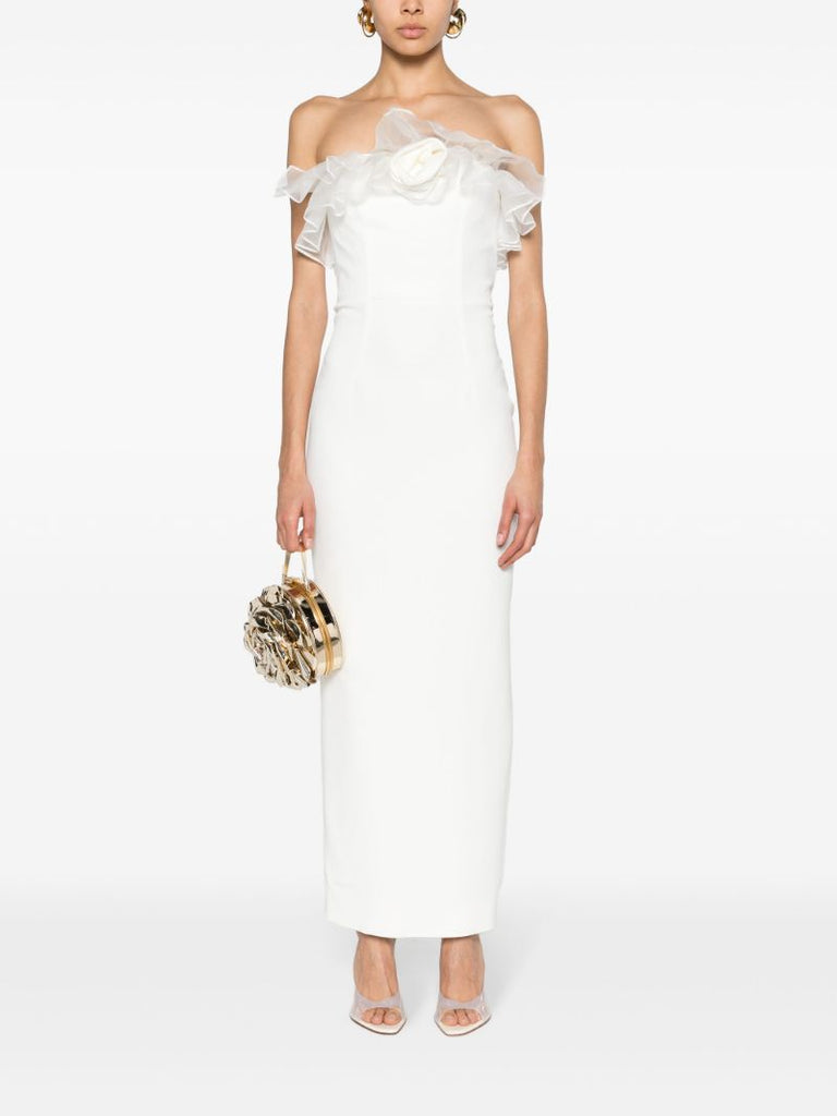 White Ruffled Cady Column Dress