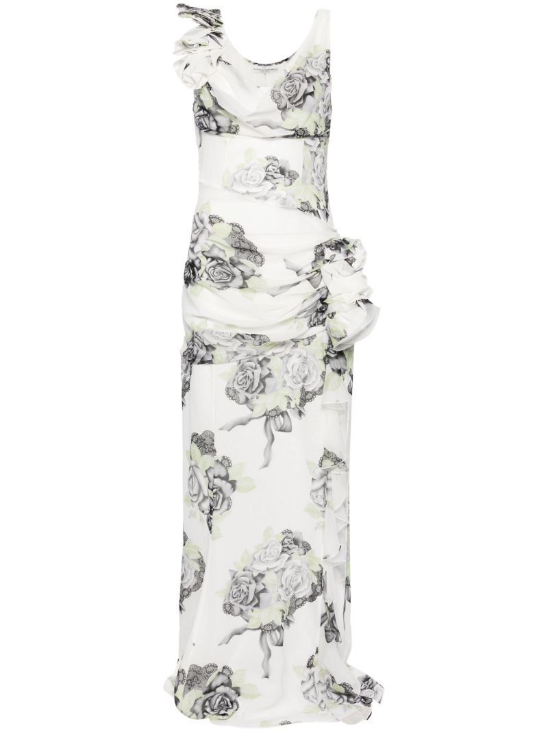White Rose-print Silk Maxi Dress