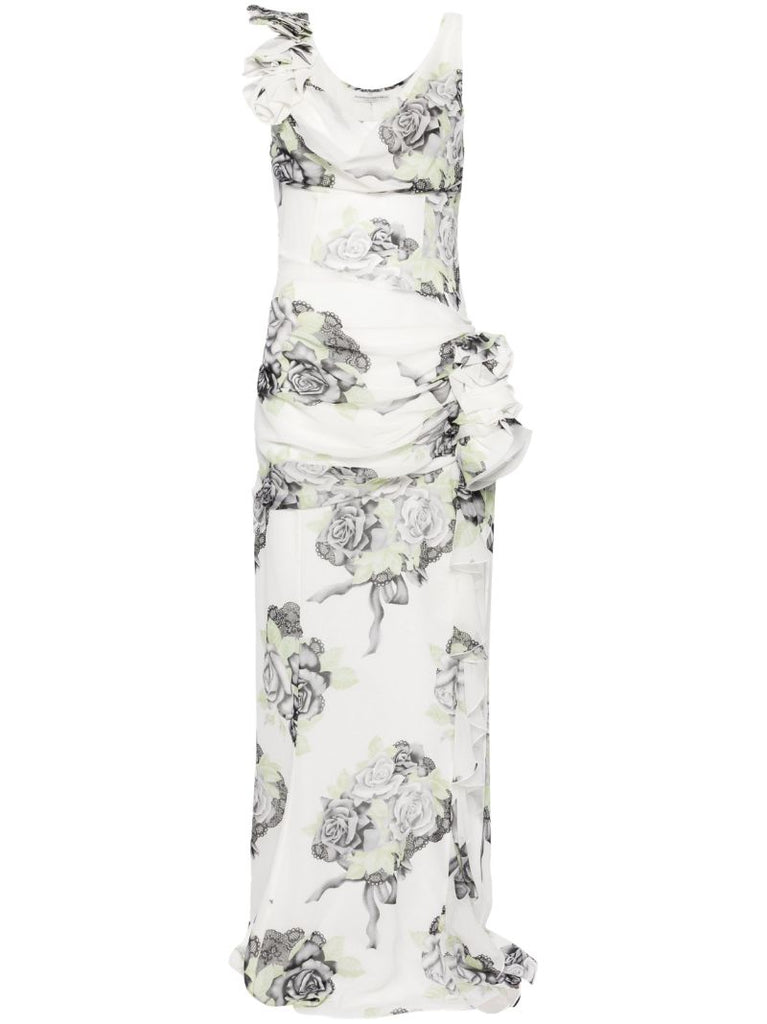 White Rose-print Silk Maxi Dress