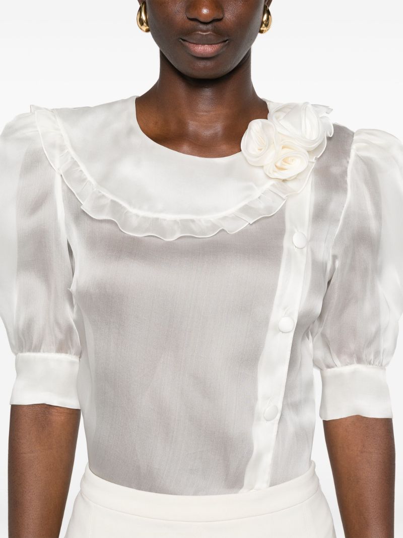 White Floral-appliquÃ_x0083_Â©d Silk Blouse