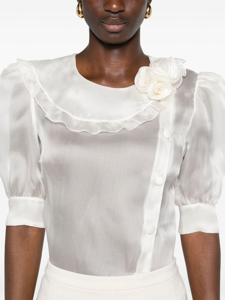 White Floral-appliquÃ_x0083_Â©d Silk Blouse