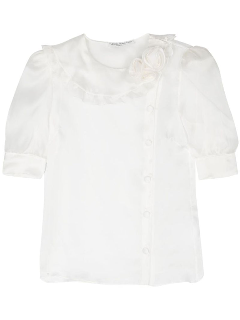 White Floral-appliquÃ_x0083_Â©d Silk Blouse