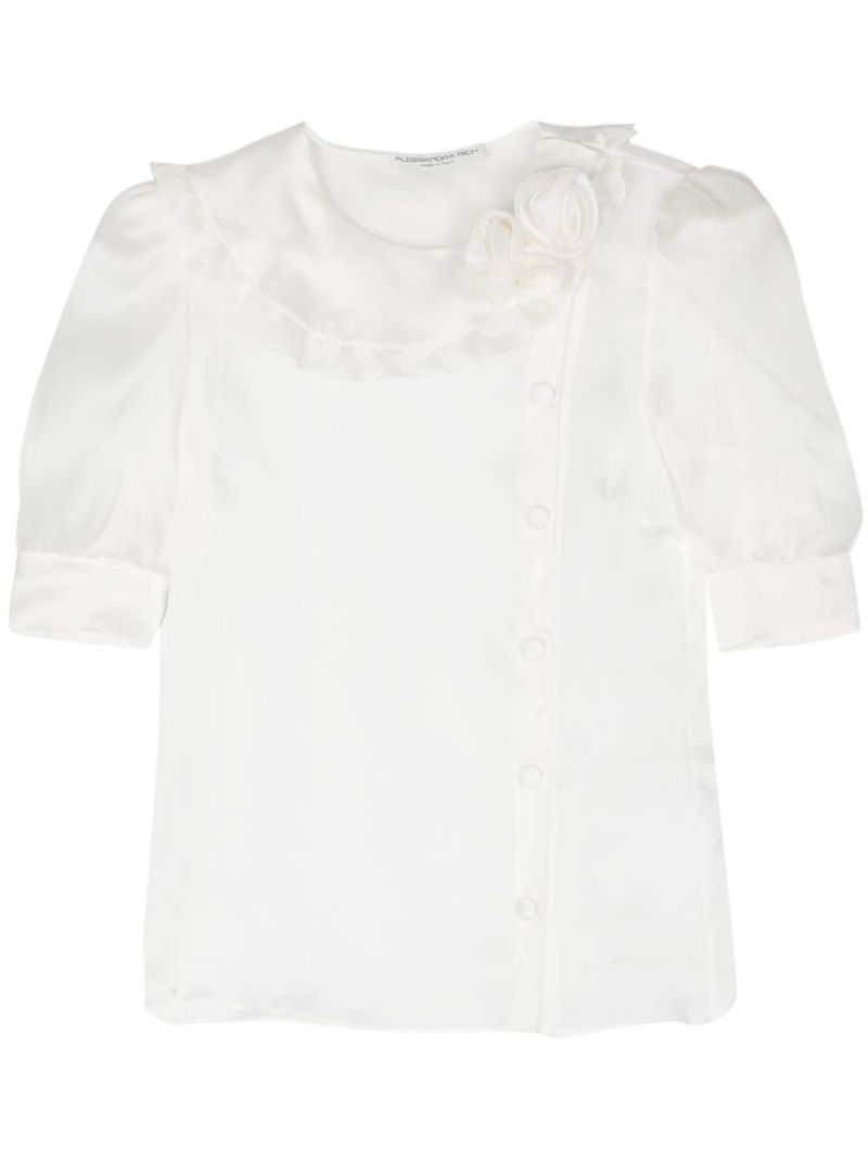 White Floral-appliquÃ_x0083_Â©d Silk Blouse