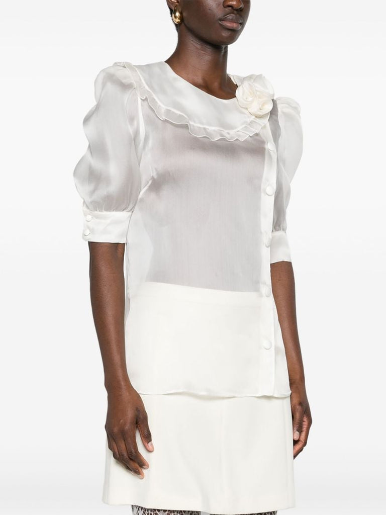 White Floral-appliquÃ_x0083_Â©d Silk Blouse