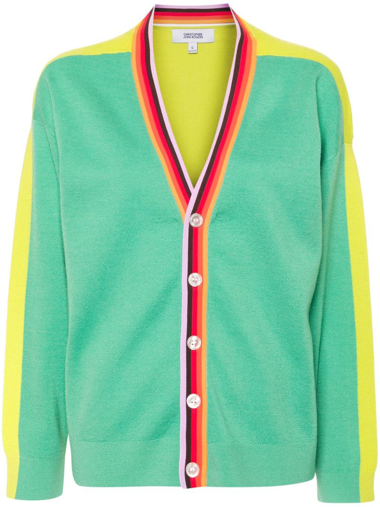 Green Stripe-trim Wool Cardigan