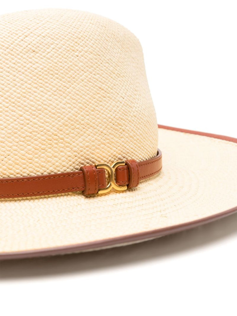 Neutral Leather-trim Woven Hat
