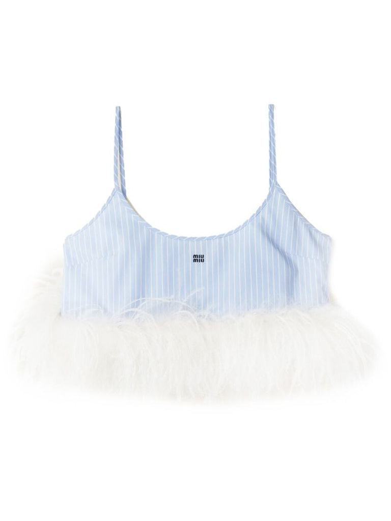 Blue Striped Feather-trim Crop Top
