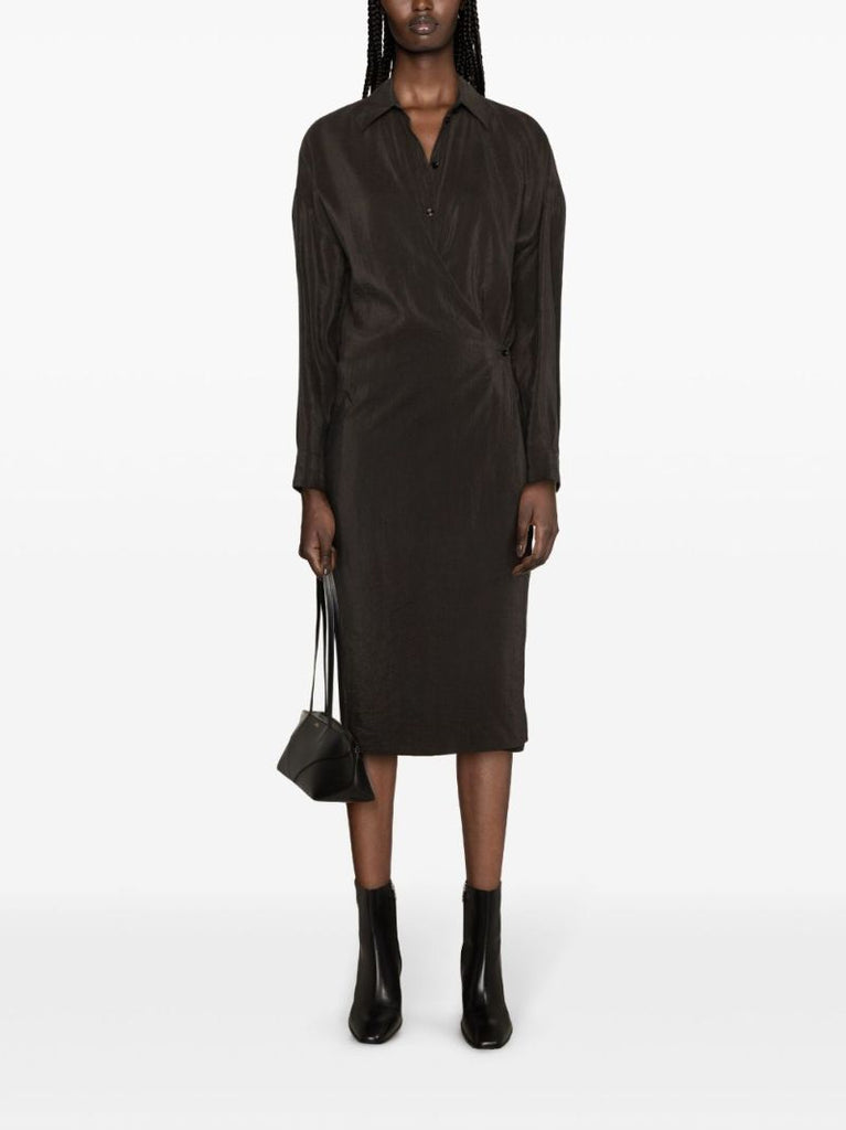 Brown Draped Shirt Midi Dress