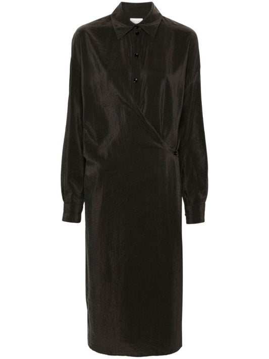 Brown Draped Shirt Midi Dress