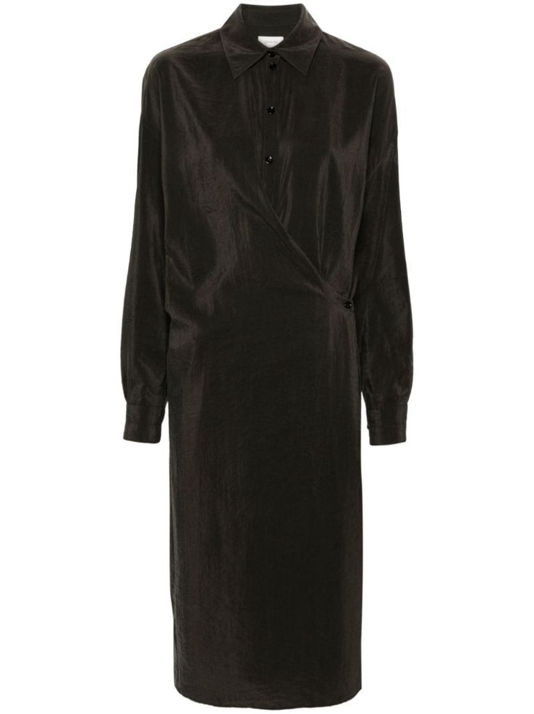 Brown Draped Shirt Midi Dress