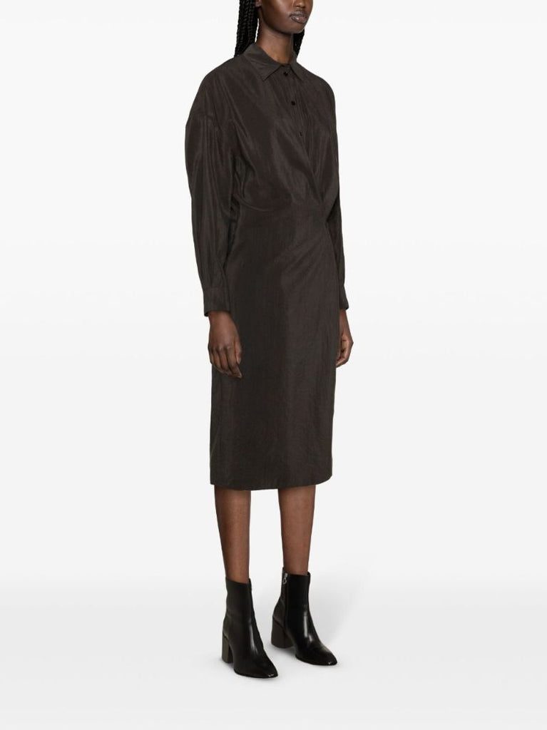 Brown Draped Shirt Midi Dress