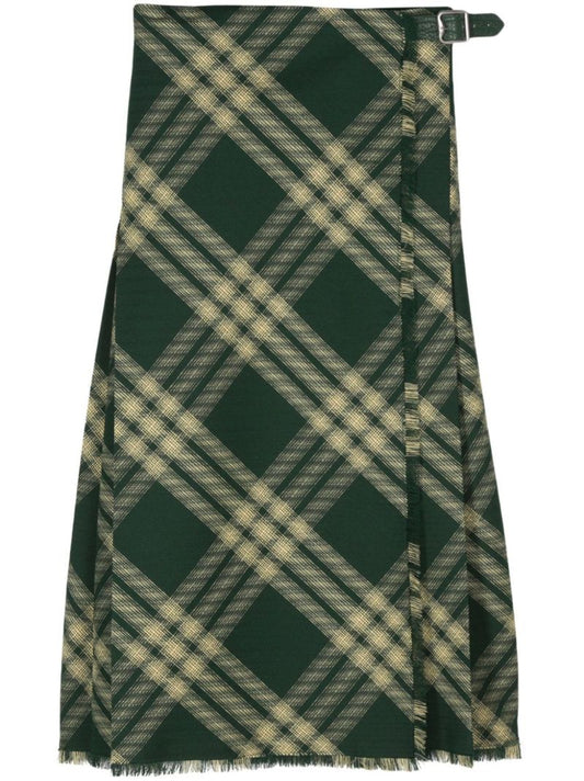 Green Checked Pleated Wool Skirt