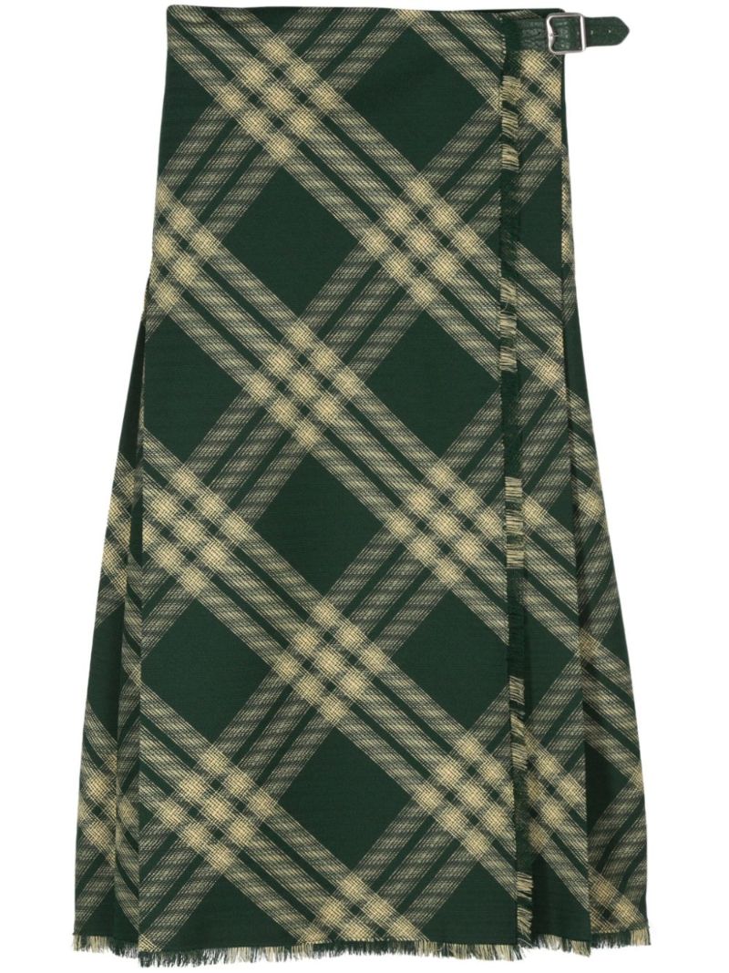Green Checked Pleated Wool Skirt