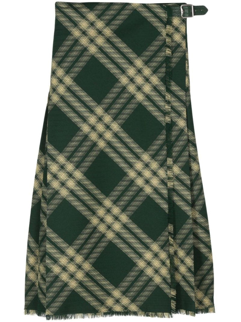 Green Checked Pleated Wool Skirt