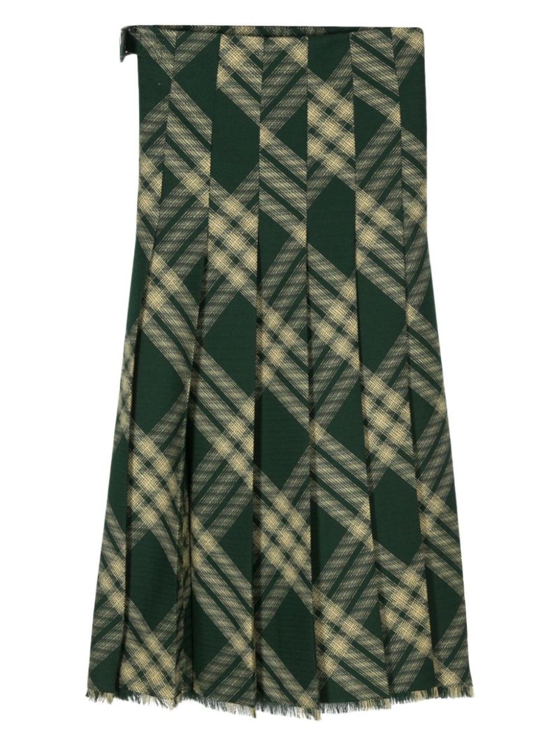 Green Checked Pleated Wool Skirt