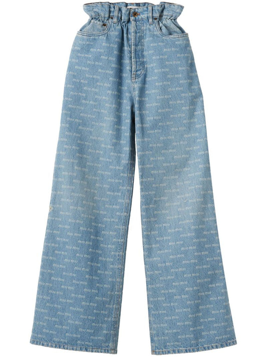 Blue Logo-print Wide-leg Jeans